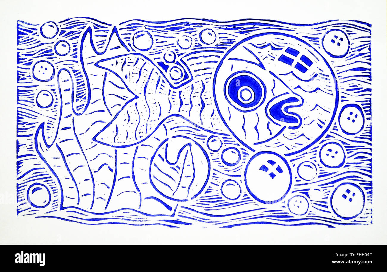 Lino cut print of an abstract fish with bubbles in blue Stock Photo