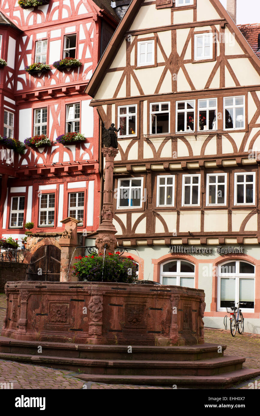 Historic timber-frame houses in Miltenberg's market square. Stock Photo