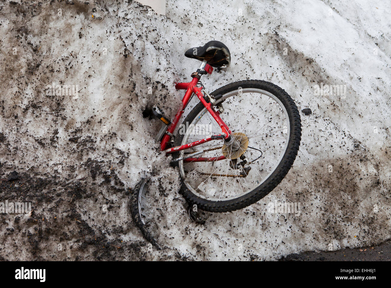 Bicycle stuck in plowed snow pile USA Stock Photo Alamy