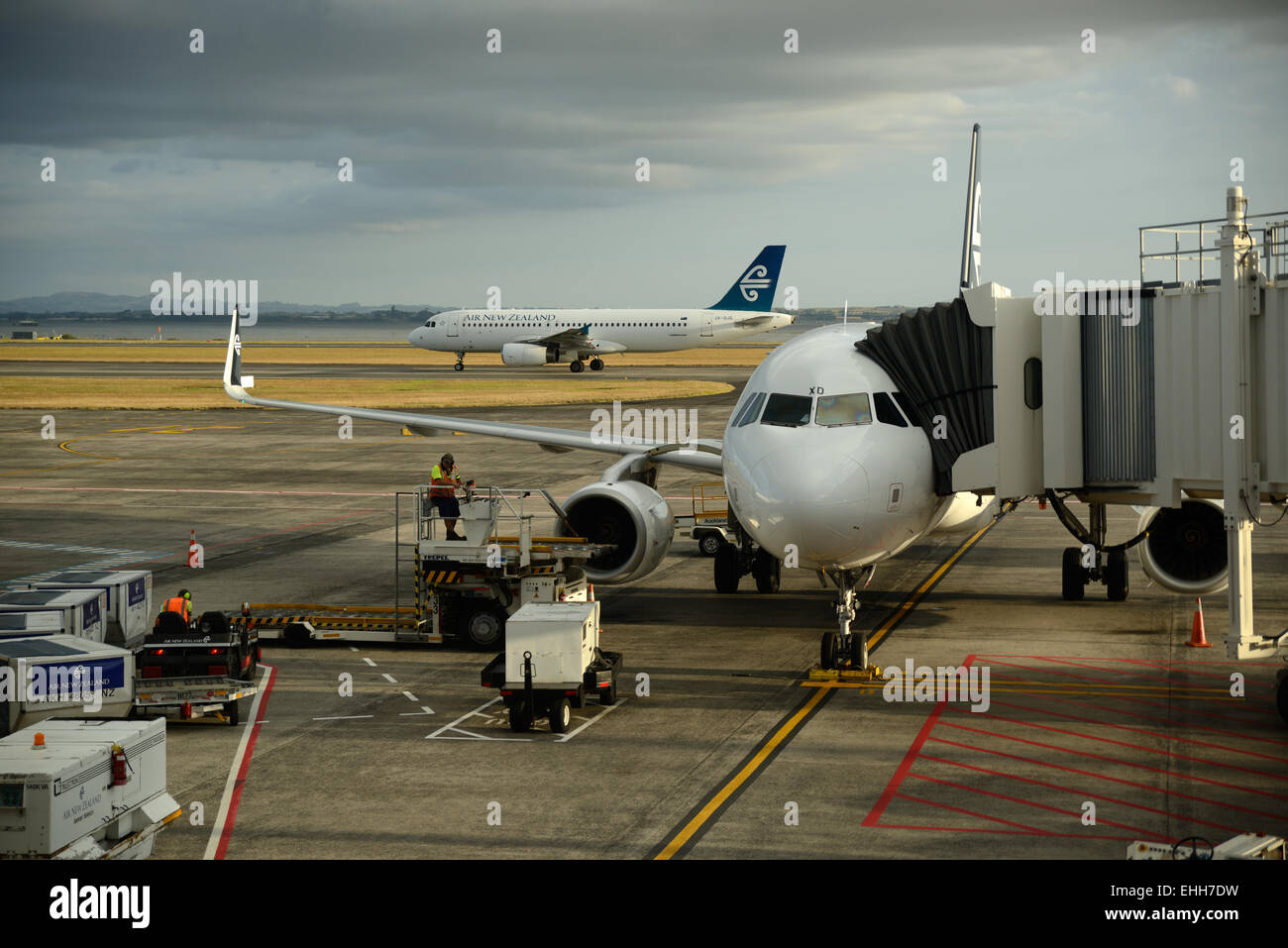 AUCKLAND, NEW ZEALAND, JANUARY 23, 2015: An Air New Zealand jet lands at Auckland Airport while another takes on passengers Stock Photo