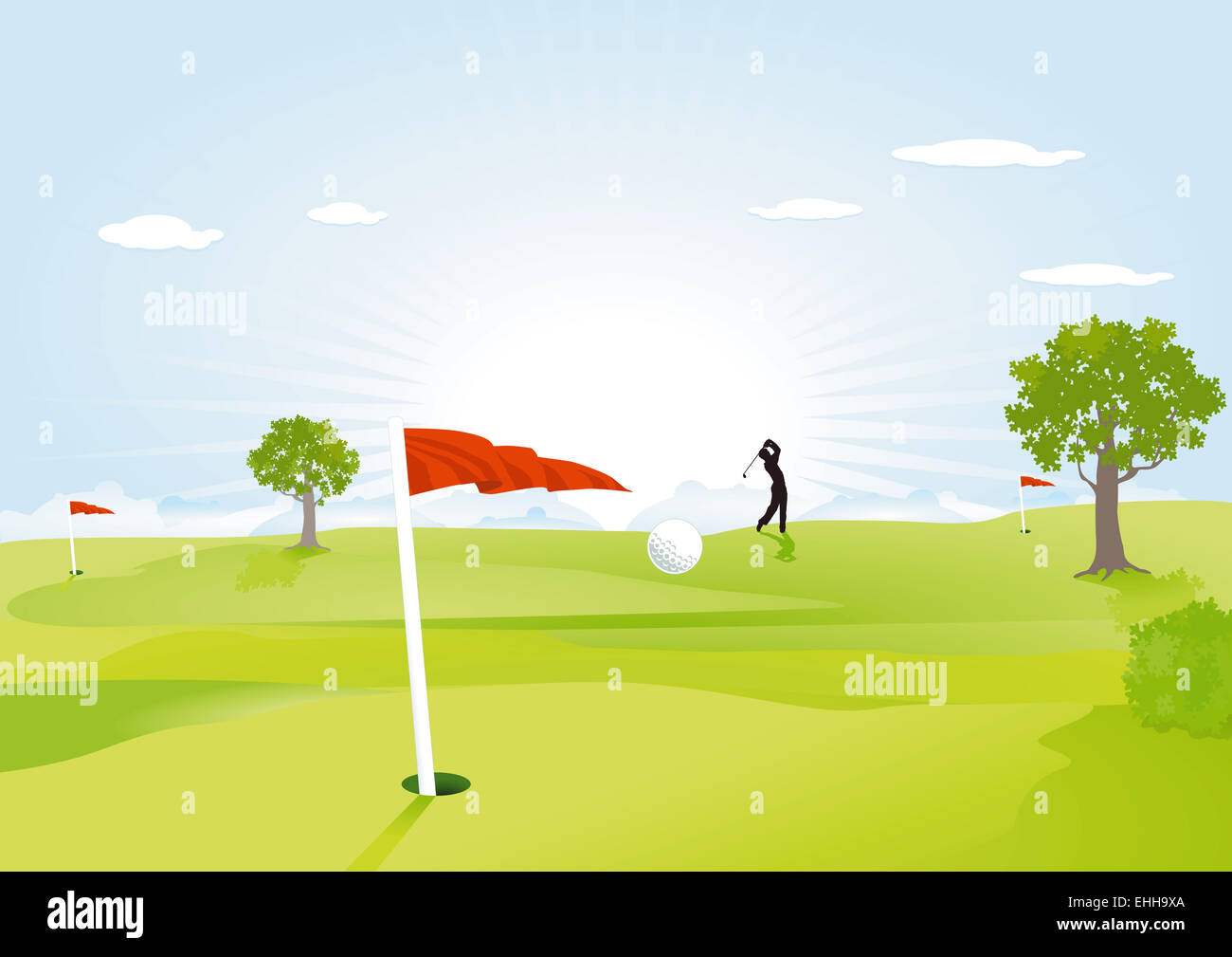 green golf field with red flag Stock Photo