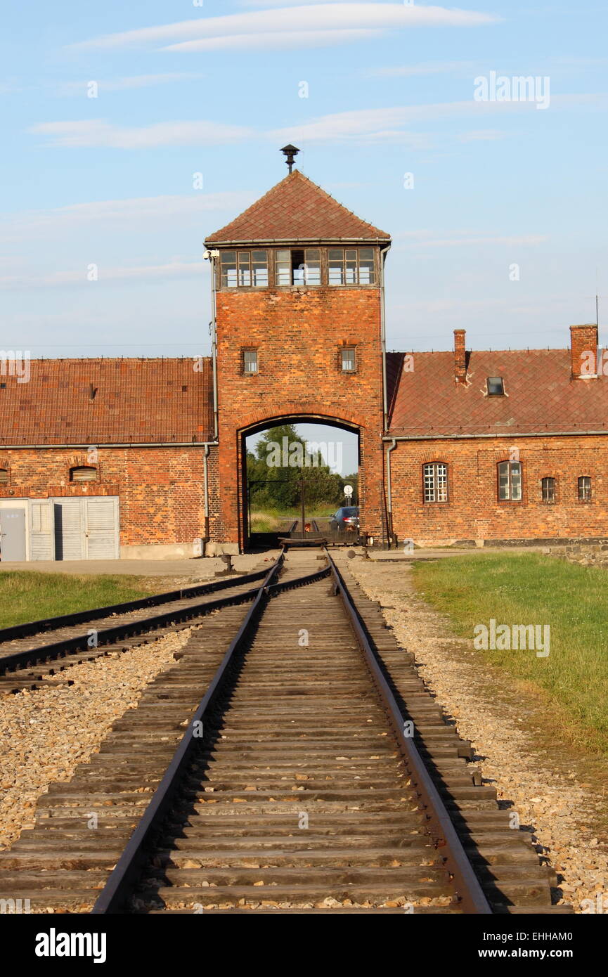 Main entrance to Auschwitz Birkenau Stock Photo