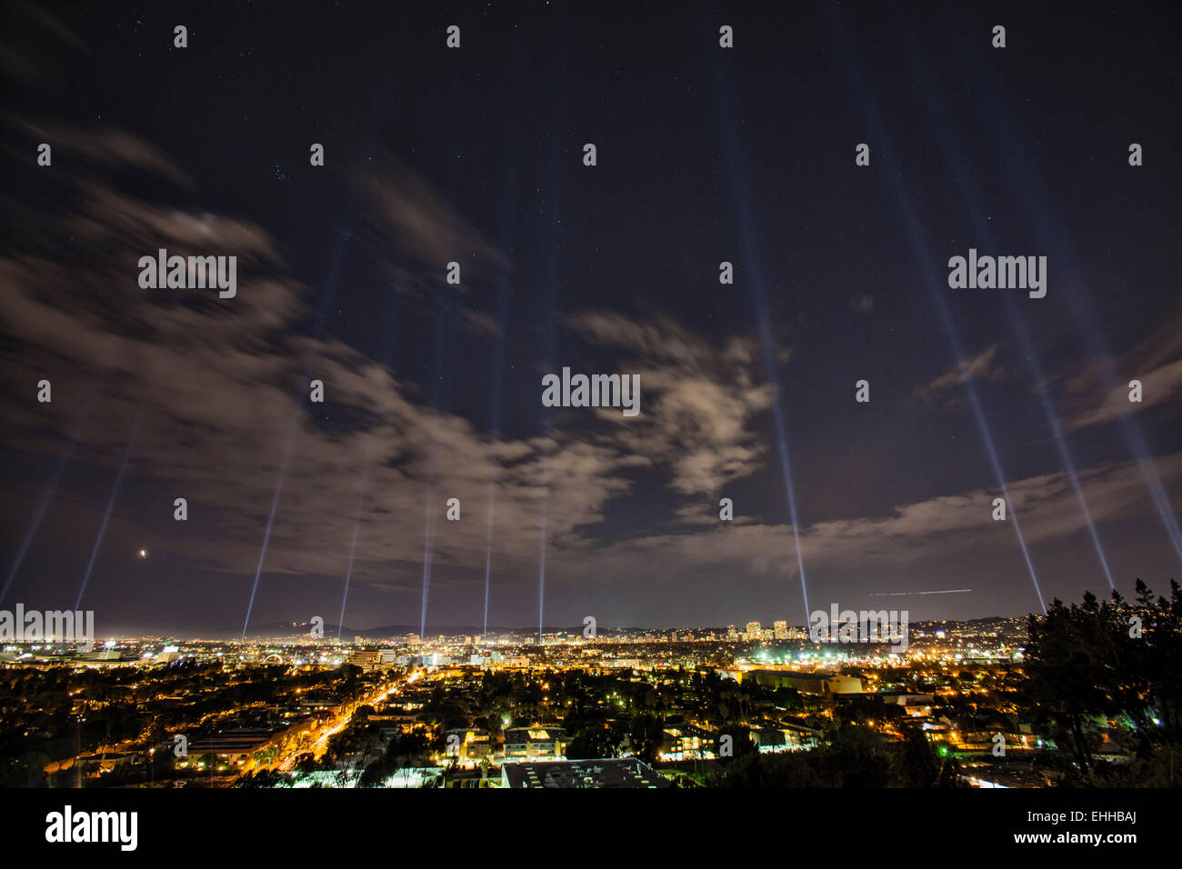 A 26 mile string of spotlights lit up the Los Angeles skyline Friday