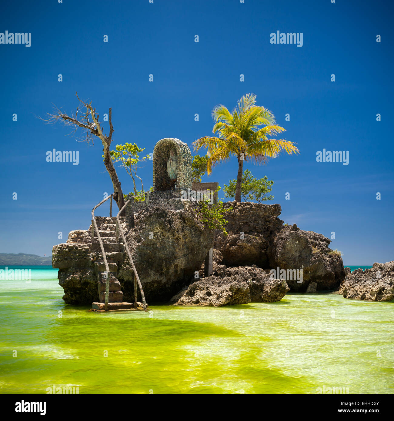Willy's rock on island Boracay, Philippines. Boat Station One, White beach place. Stock Photo