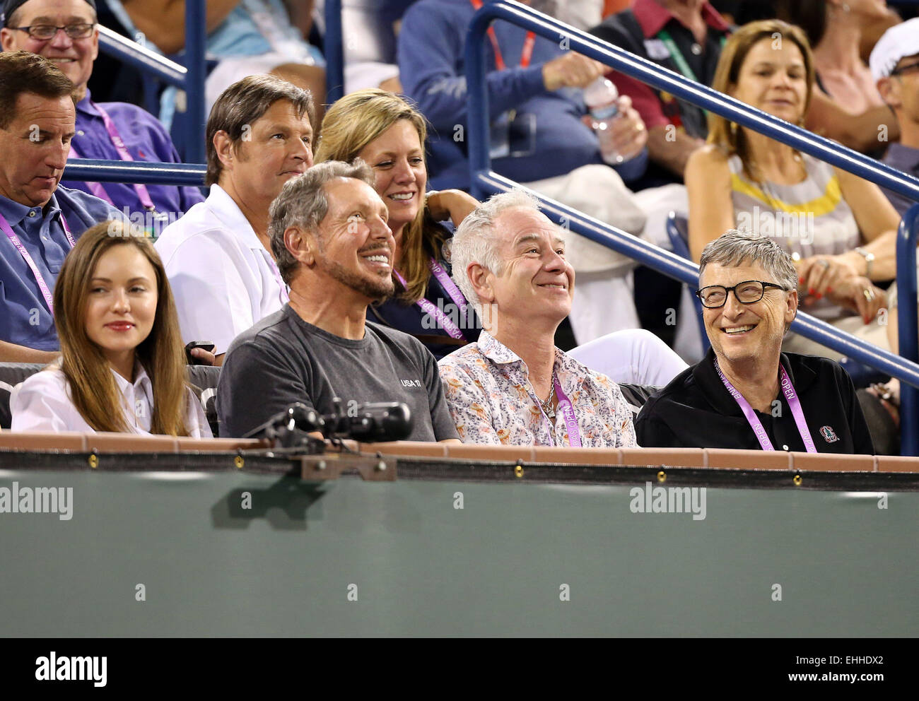 Indian Wells, California, USA. 13th Mar, 2015. Nikita Kahn, Larry Ellison,  John McEnroe and Bill Gates in attendance during the match between Serena  Williams and Monica Niculescu of Romania during the BNP