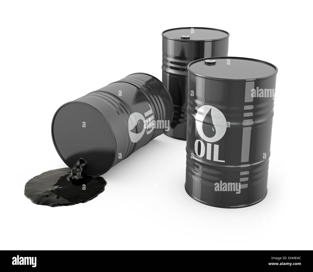 Three barrels and spilled oil Stock Photo