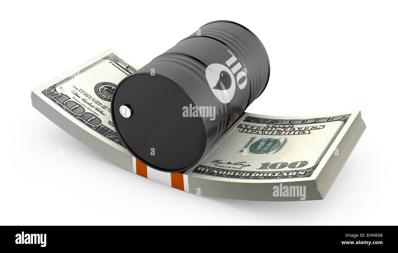 Barrel of oil on a pack of dollars Stock Photo Alamy