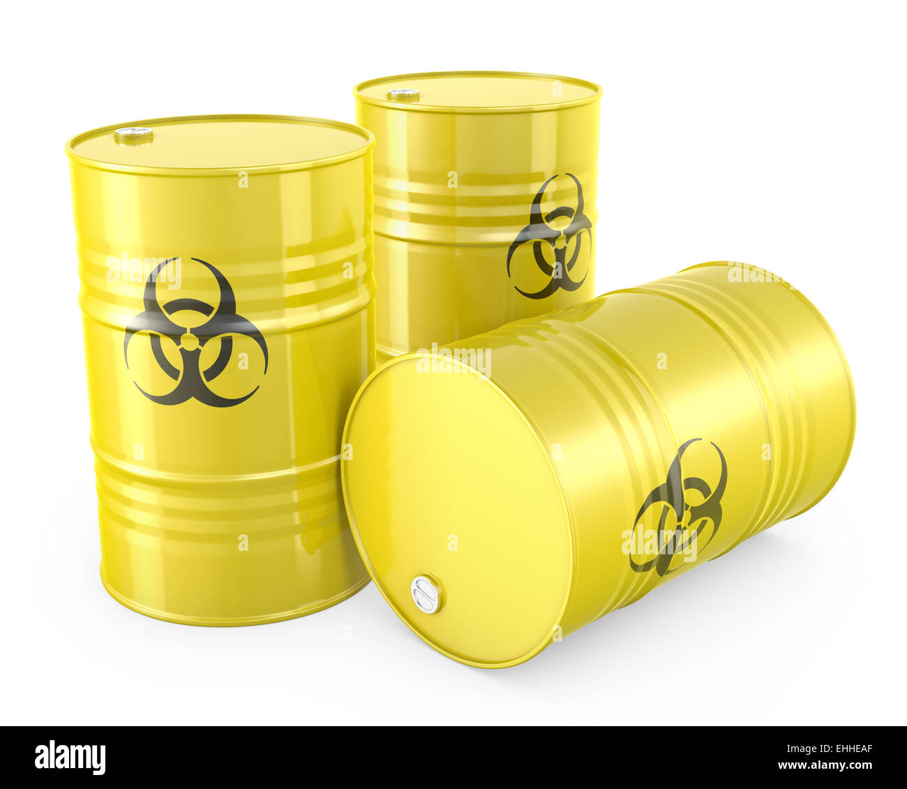 Three yellow barrels with biohazard symbol Stock Photo