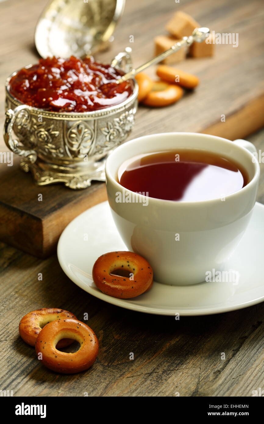 Tea with small bagels and fig jam Stock Photo Alamy