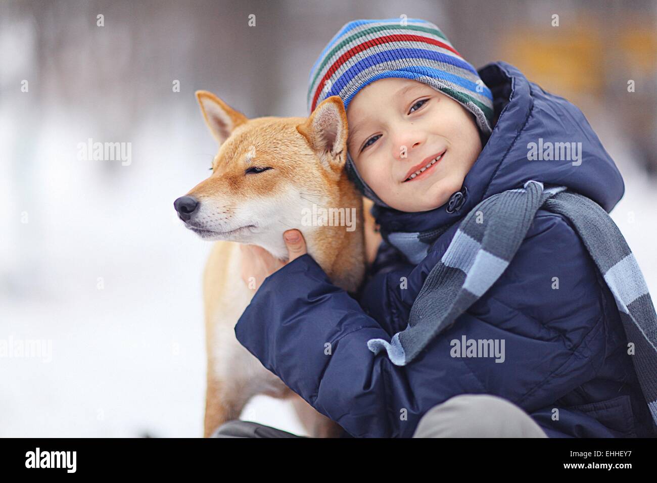 boy and a cute dog concept of friendship Stock Photo - Alamy