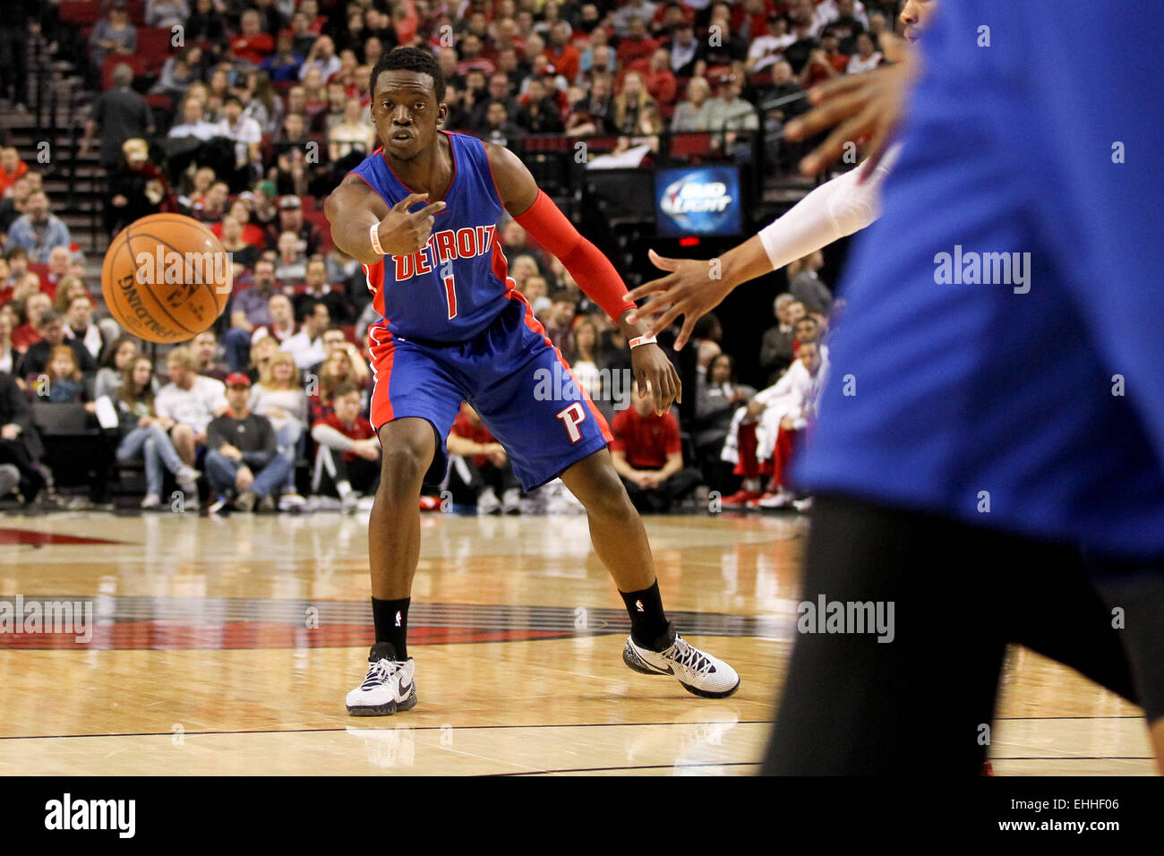 March 13, 2015 - REGGIE JACKSON (1) passes the ball. The Portland Trail Blazers play the Detroit Pistons at the Moda Center on March 13, 2015. Credit:  David Blair/ZUMA Wire/Alamy Live News Stock Photo