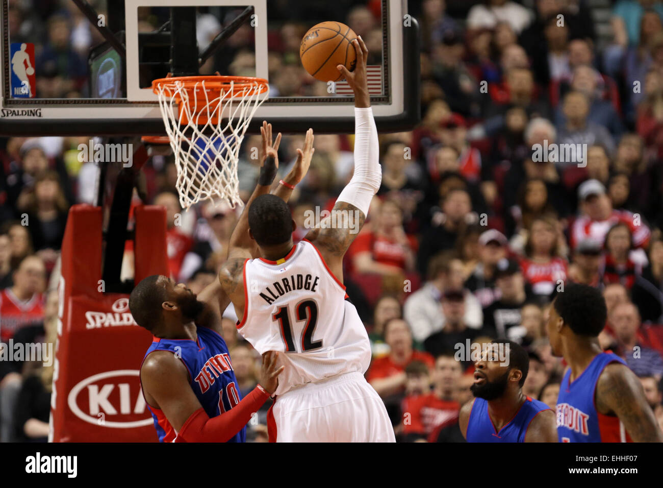 March 13, 2015 - LAMARCUS ALDRIDGE (12) shoot and scores. The Portland Trail Blazers play the Detroit Pistons at the Moda Center on March 13, 2015. Credit:  David Blair/ZUMA Wire/Alamy Live News Stock Photo
