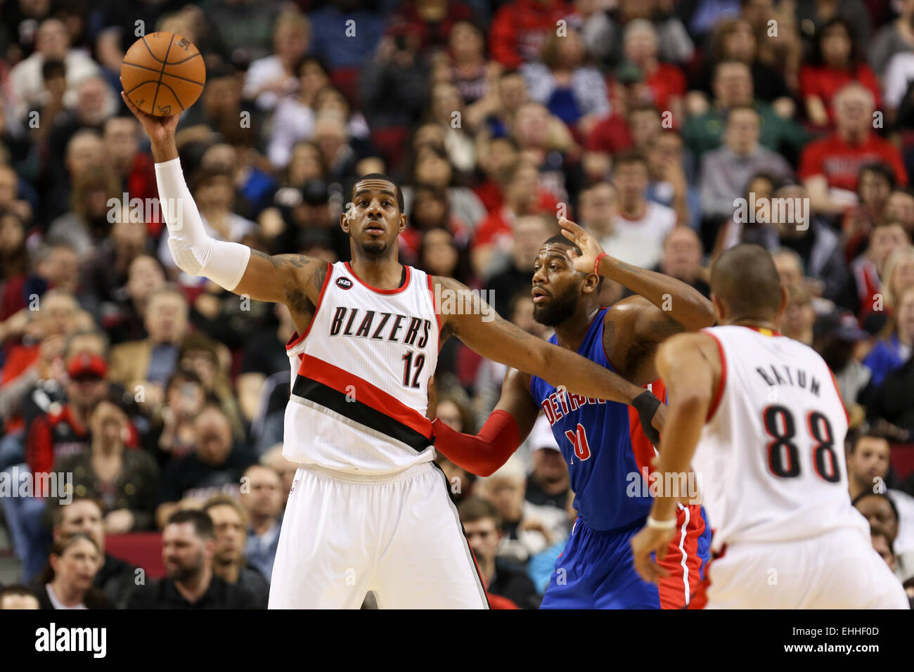 March 13, 2015 - LAMARCUS ALDRIDGE (12) looks to pass. The Portland Trail Blazers play the Detroit Pistons at the Moda Center on March 13, 2015. Credit:  David Blair/ZUMA Wire/Alamy Live News Stock Photo