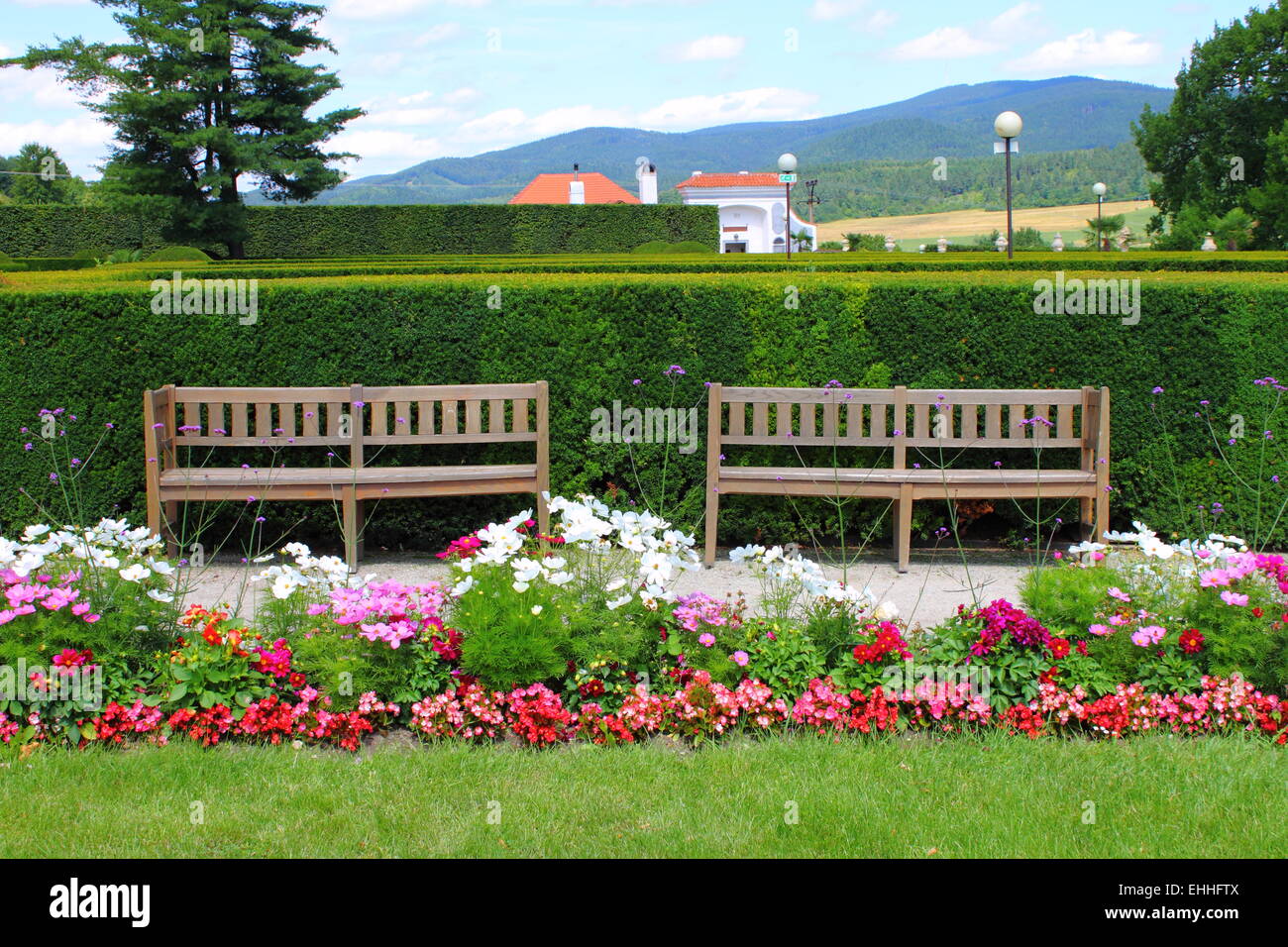 Two wooden benches in a park Stock Photo - Alamy