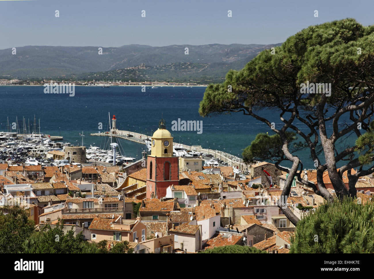 Look on Gulf of St Tropez with church Stock Photo - Alamy