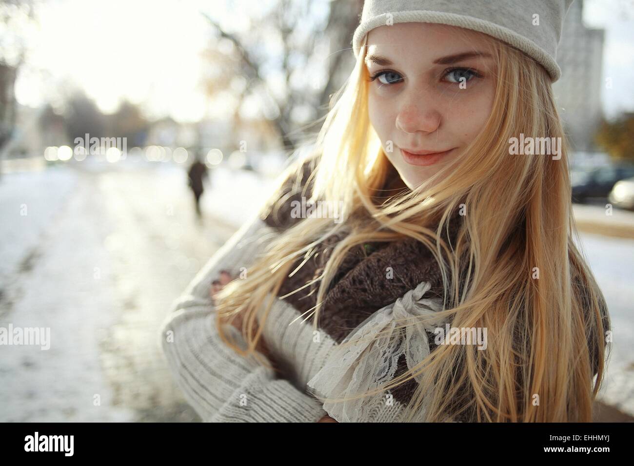 Winter Portrait Of A Cute Blonde Teen Stock Photo Alamy