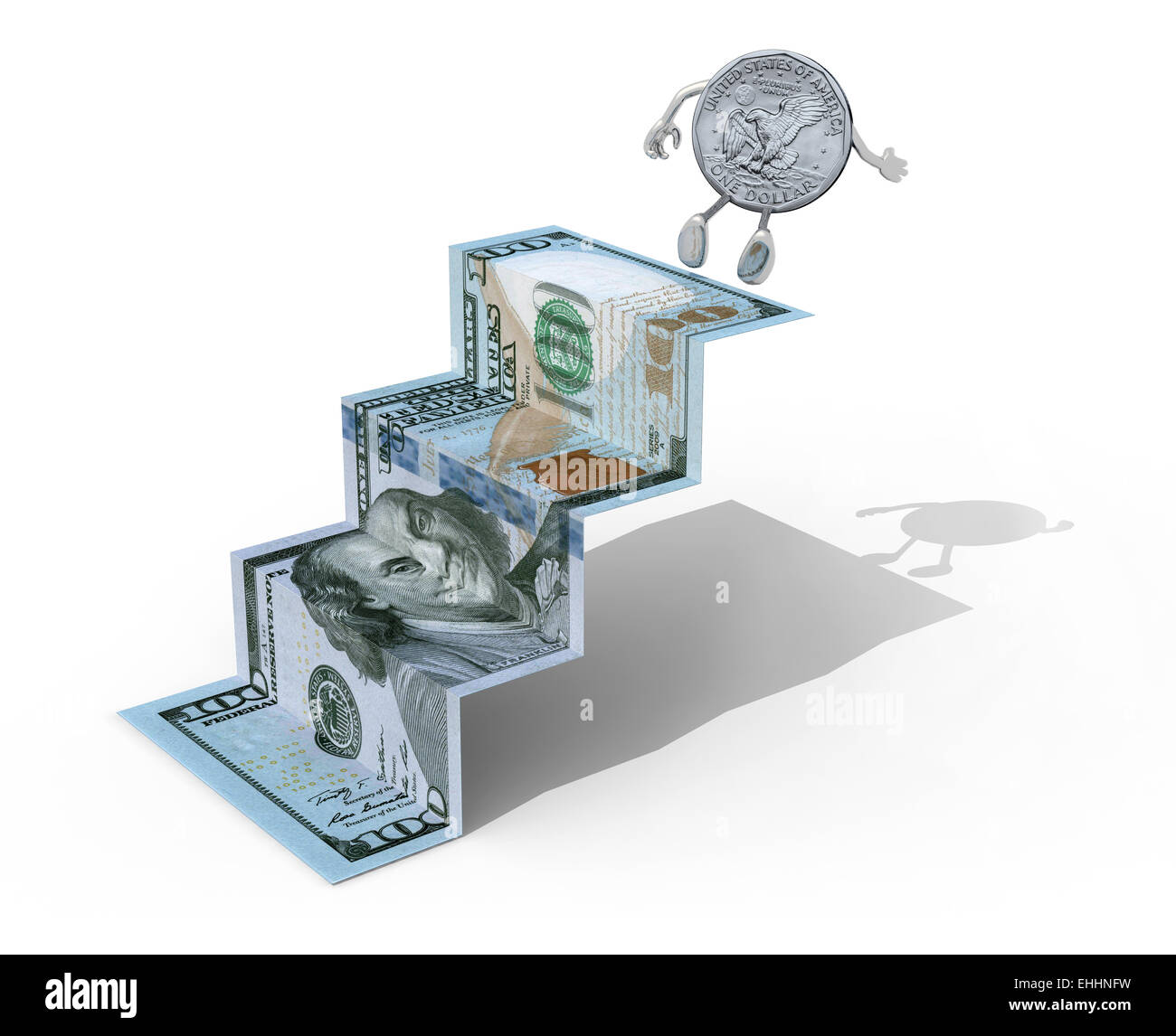 one dollar coin climbs above 100 dollar banknote folded as steps on ...