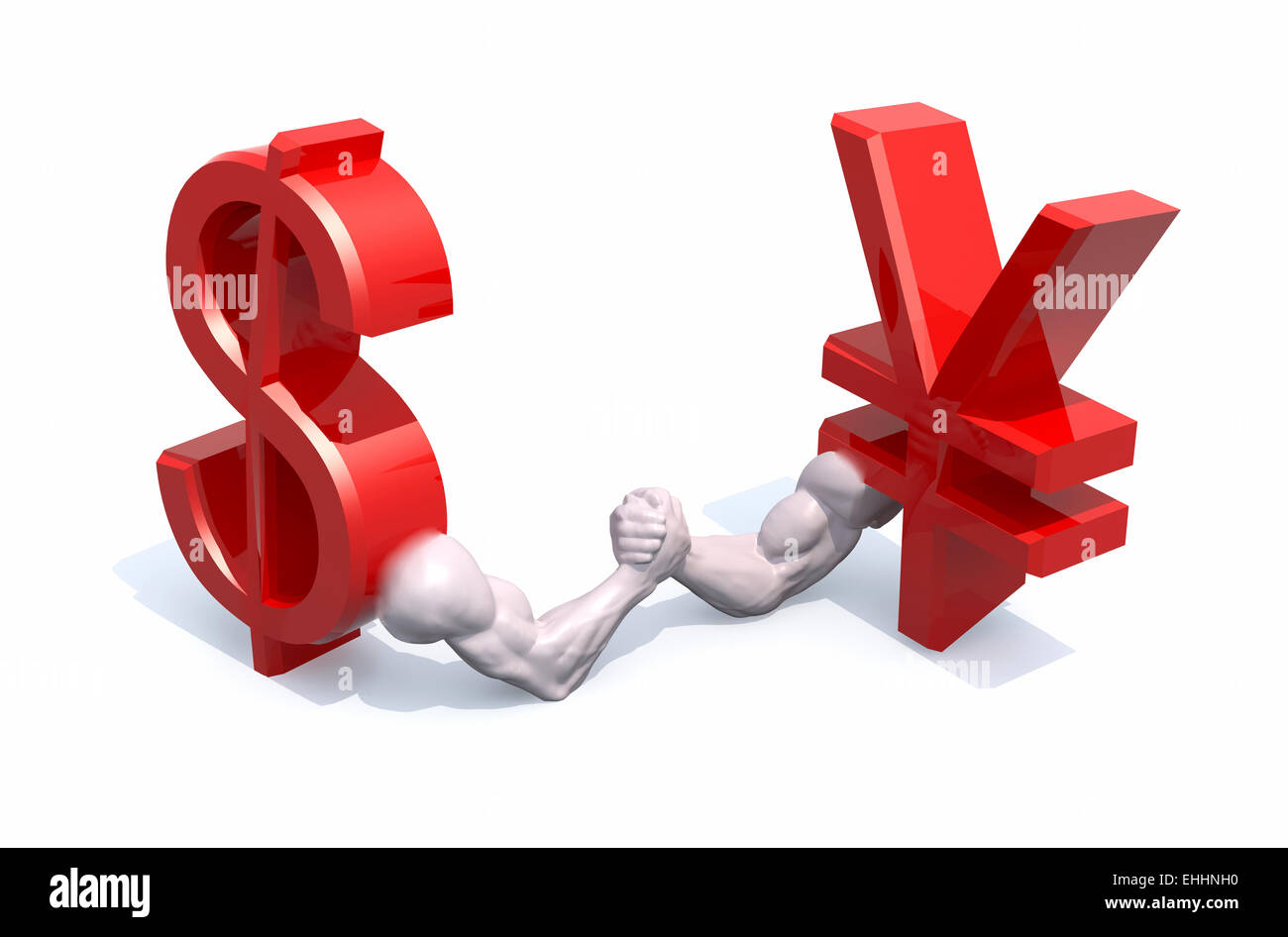 dollar and yen symbol currency make arm wrestling, 3d illustration Stock Photo