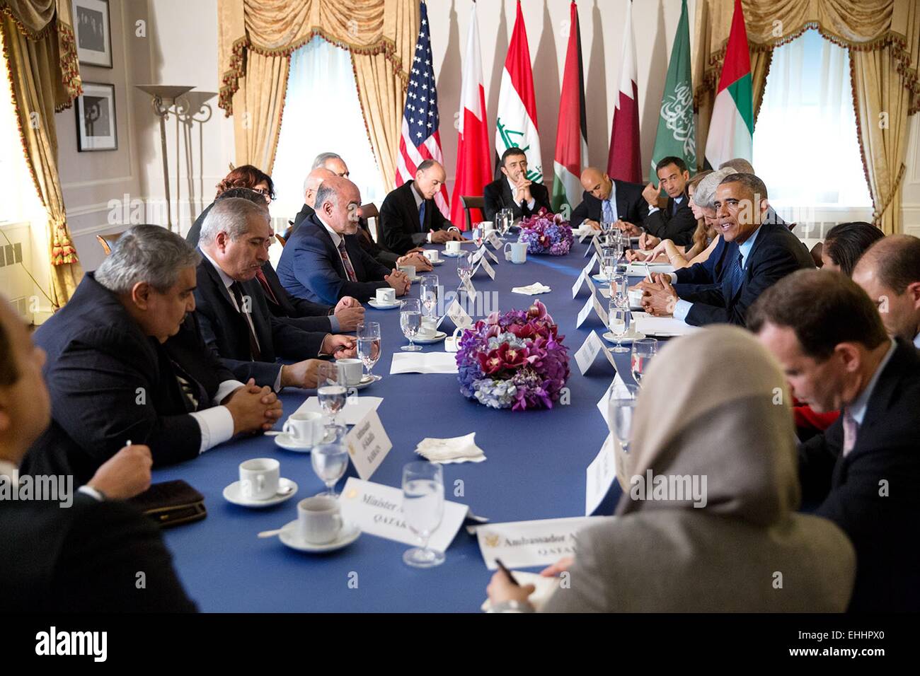 US President Barack Obama convenes a meeting with Arab coalition leaders in the fight against the terrorist group the Islamic State at the Waldorf Astoria Hotel September 23, 2014 in New York, N.Y. Stock Photo