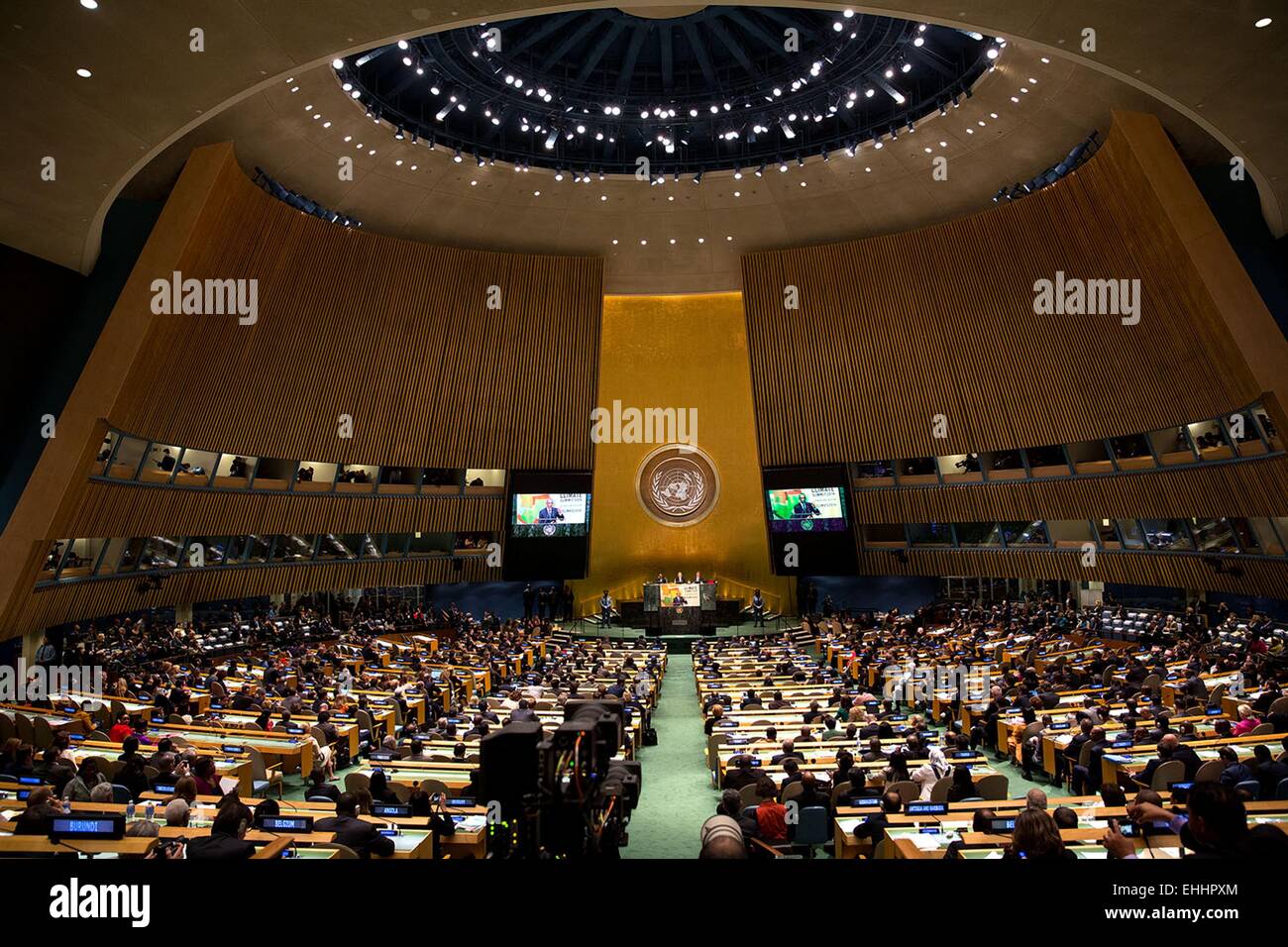 US President Barack Obama delivers remarks at the UNGA Climate Summit 2014 in the General Assembly Hall at the United Nations September 23, 2014 in New York, N.Y. Stock Photo