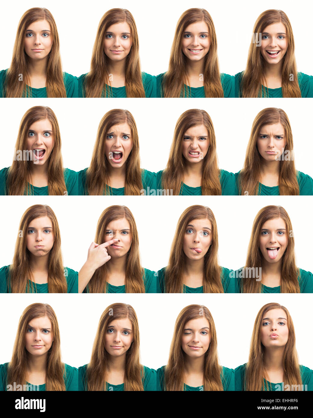 Multiple collage of a beautiful young woman with different expressions Stock Photo