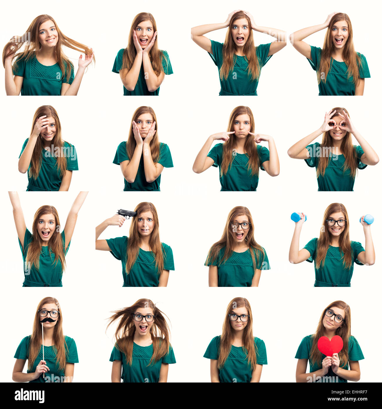 Multiple collage of a beautiful young woman with different expressions and doing different things Stock Photo