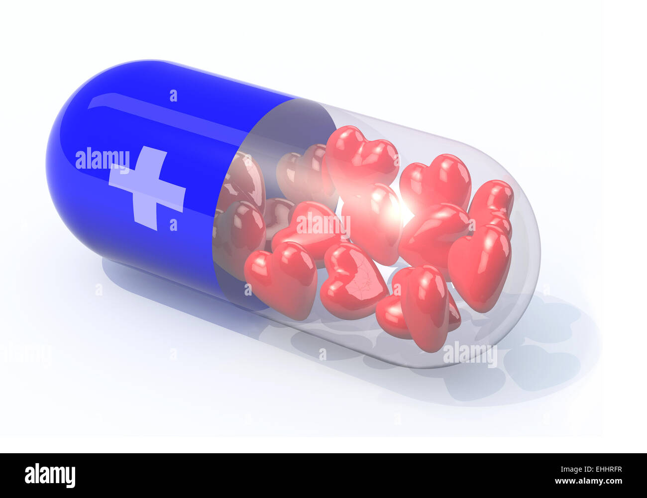 blue pill filled with hearts, isolated 3d illustration Stock Photo