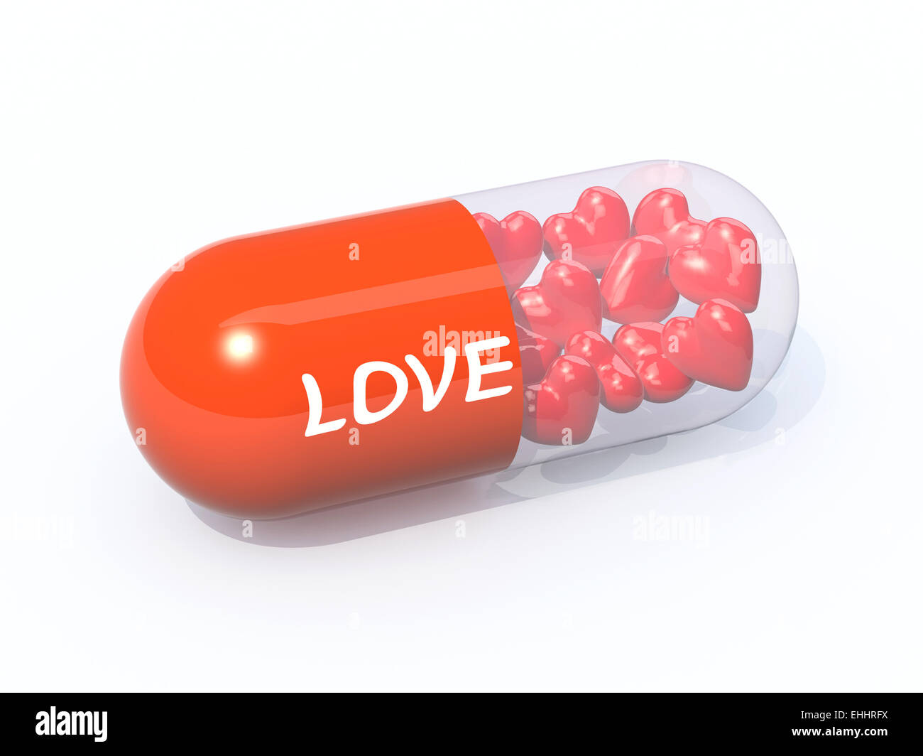red pill with written love filled with hearts, isolated 3d illustration Stock Photo