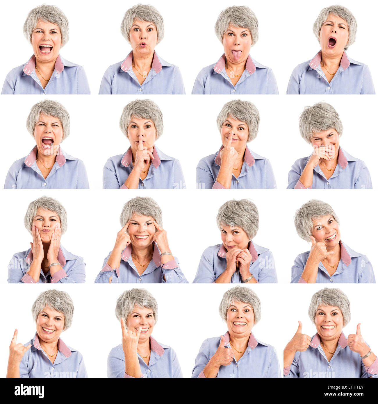 Composite of multiple portraits of a elderly woman in different expressions Stock Photo