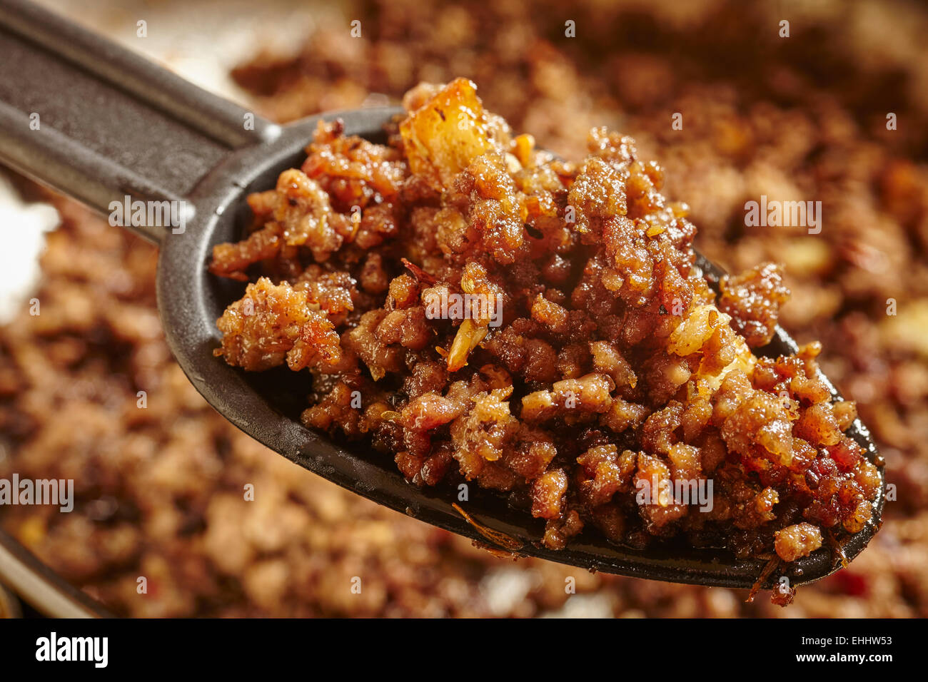 browned ground (or minced) beef, the base of many recipes Stock Photo