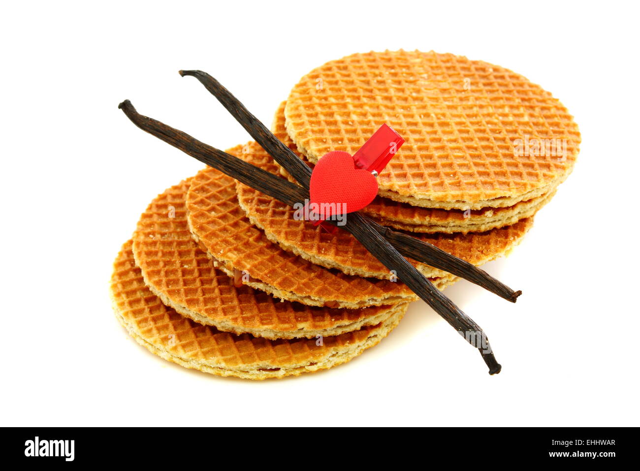 Waffles and vanilla, decorated with hearts. Stock Photo