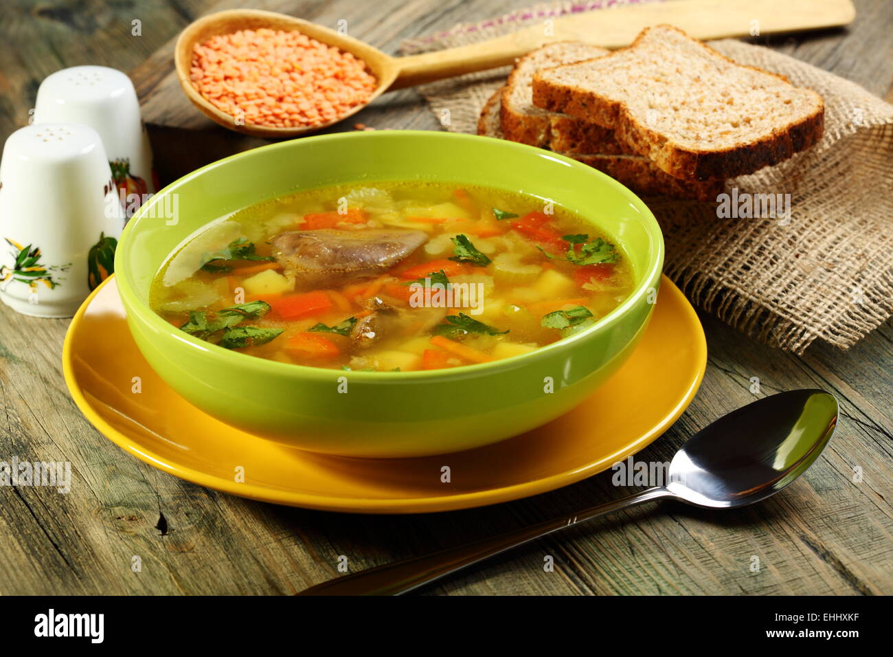 Soup of chicken giblets and red lentils Stock Photo Alamy
