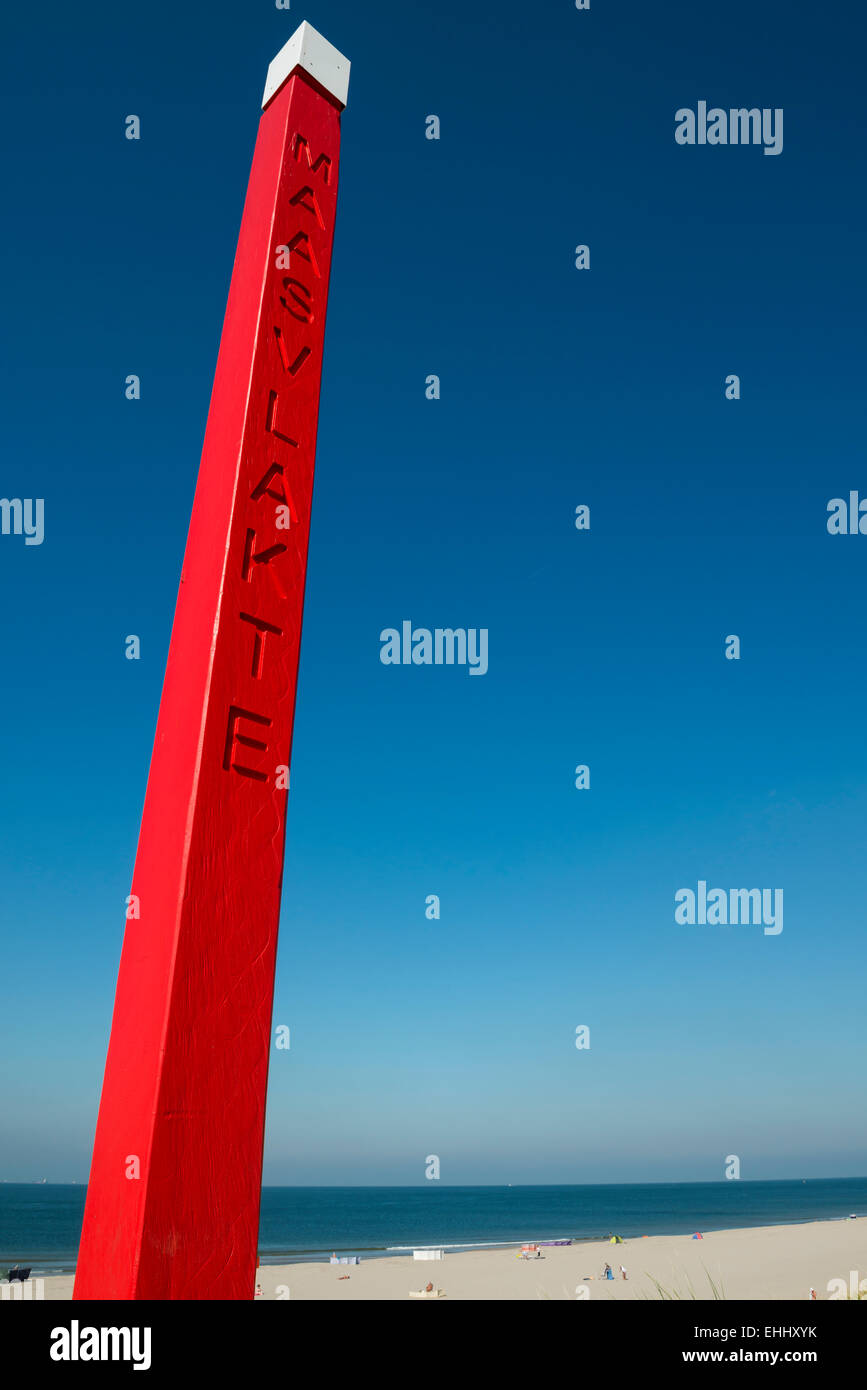 Red pole at the entrance of the beach Maasvlakte near Rotterdam. Stock Photo