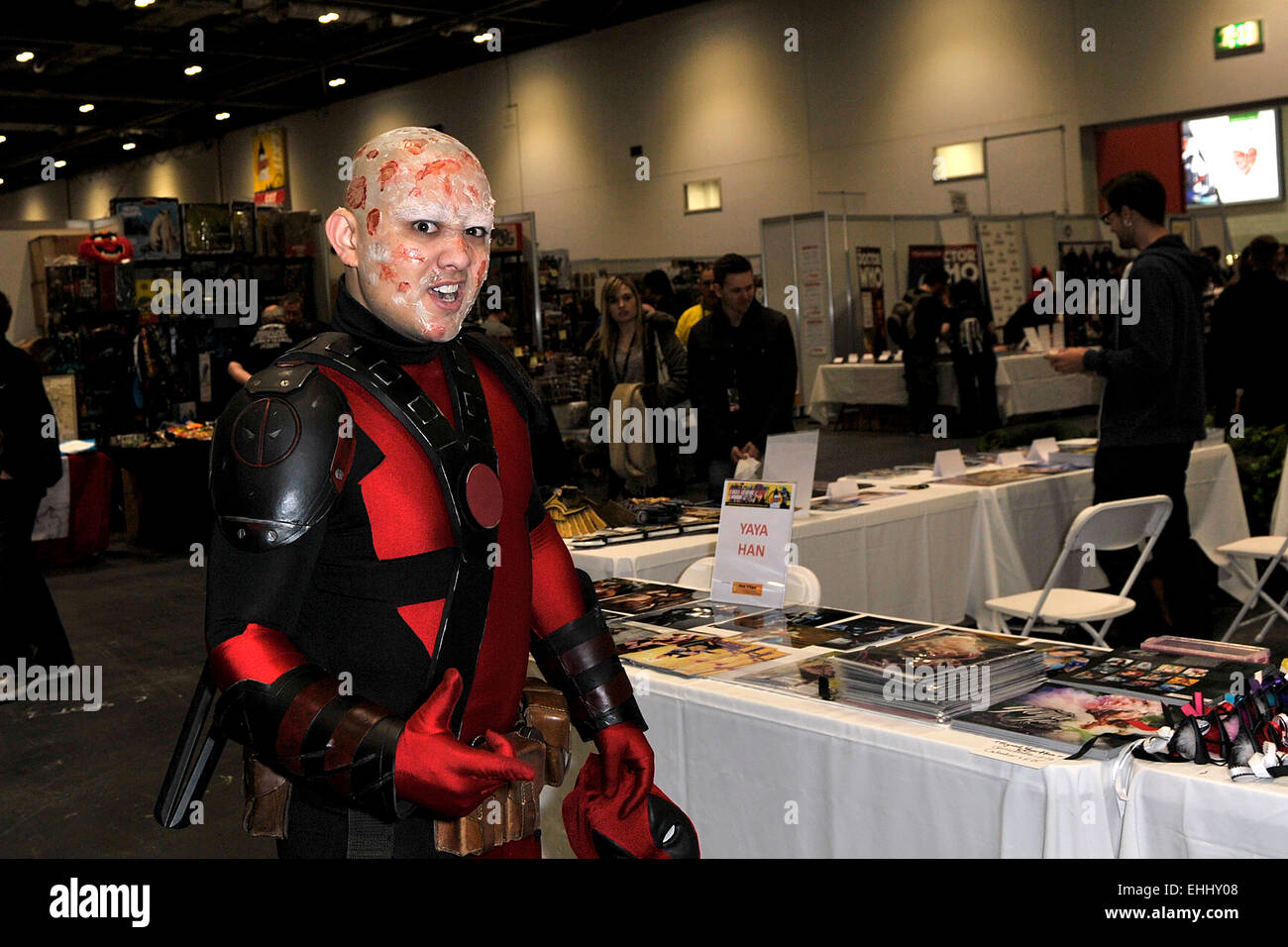 London, UK. 14th March, 2015. Nick, originally from Wisconsin, USA, joined hundreds of other comic and cosplay fans as they flooded the Excel centre for the LONDON SUPER COMIC CONVENTION. Nick dressed as ‘DEAD POOL' a Marvel Comic character. Alamy Live News/Photographer Gordon Scammell Stock Photo