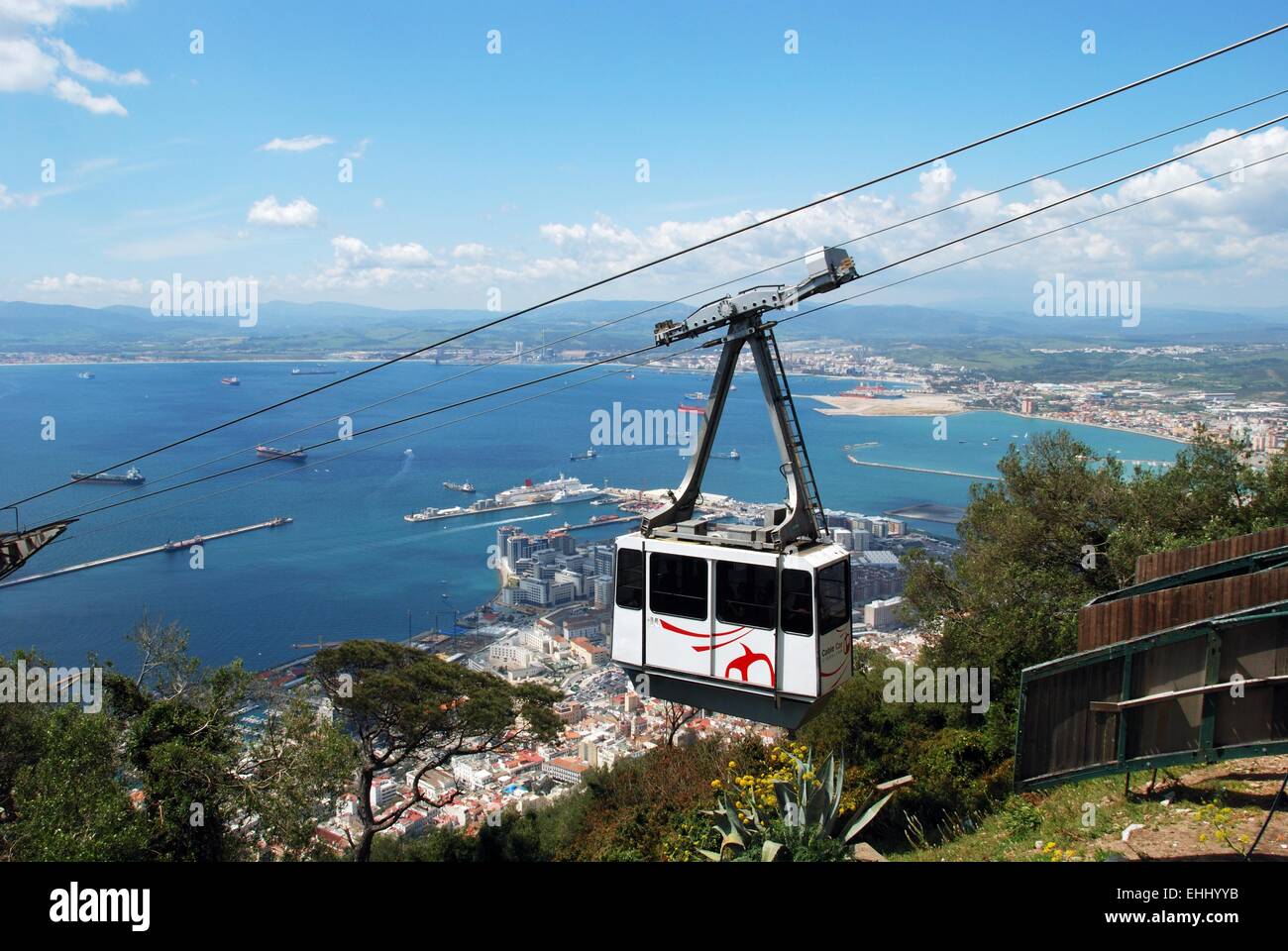 Cable car with views over the town sea and Spanish coastline, Gibraltar, United Kingdom, Western Europe. Stock Photo