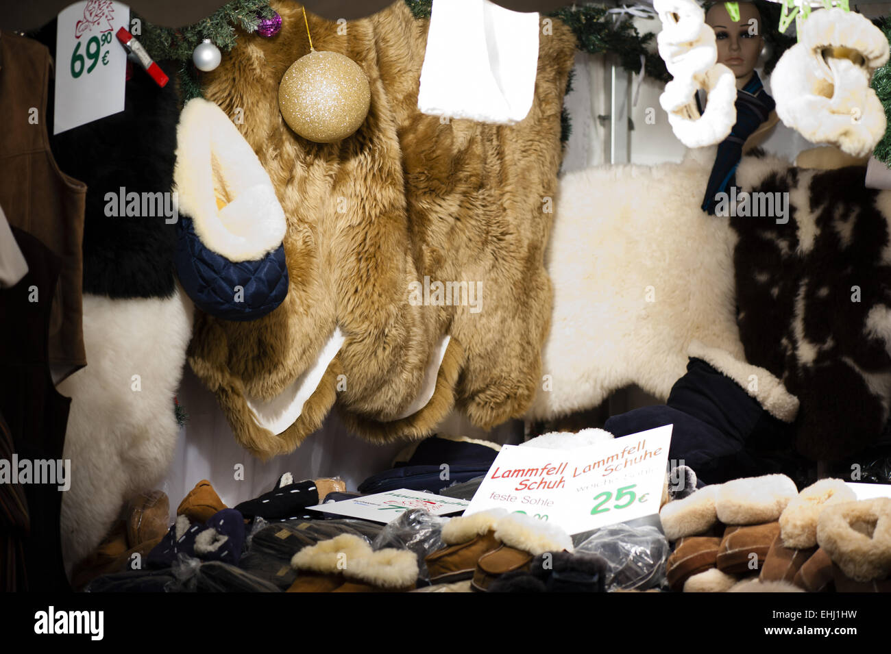 The sheepskin stand at the Christmas market Stock Photo