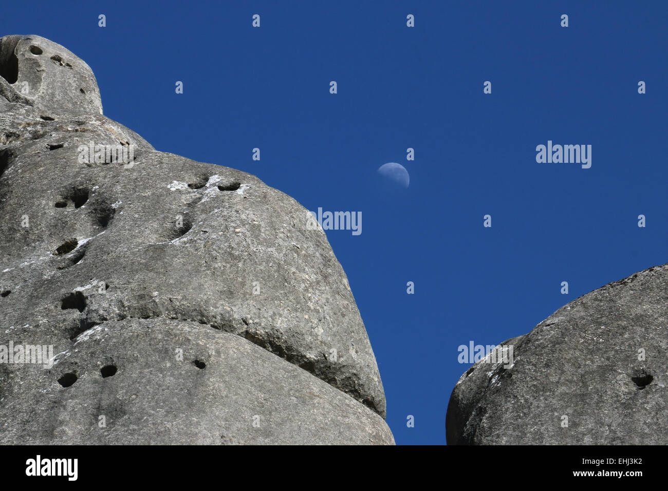 Moon over Castle Hill Conservation Area, New Zealand Stock Photo