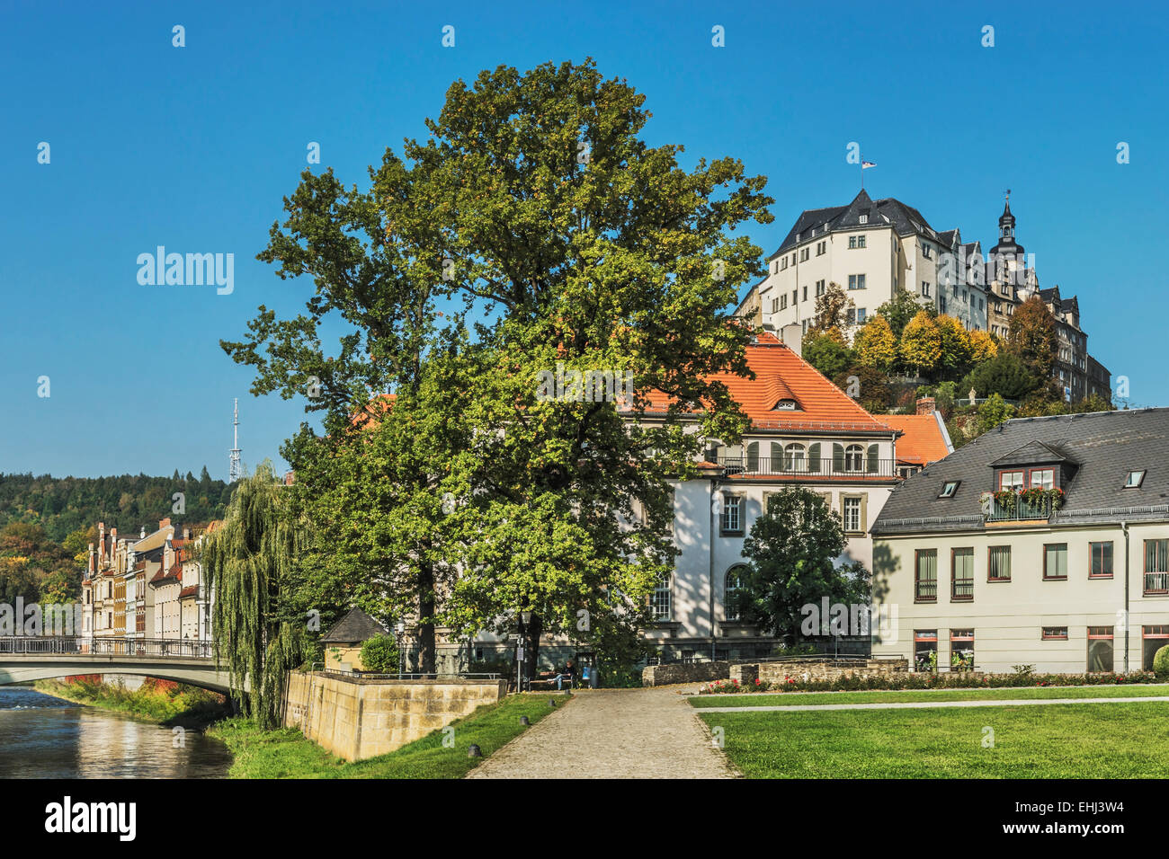 View from the castle garden of Greiz to the upper Castle. The castle was first mentioned in 1209, Greiz, Thuringia, Germany. Stock Photo