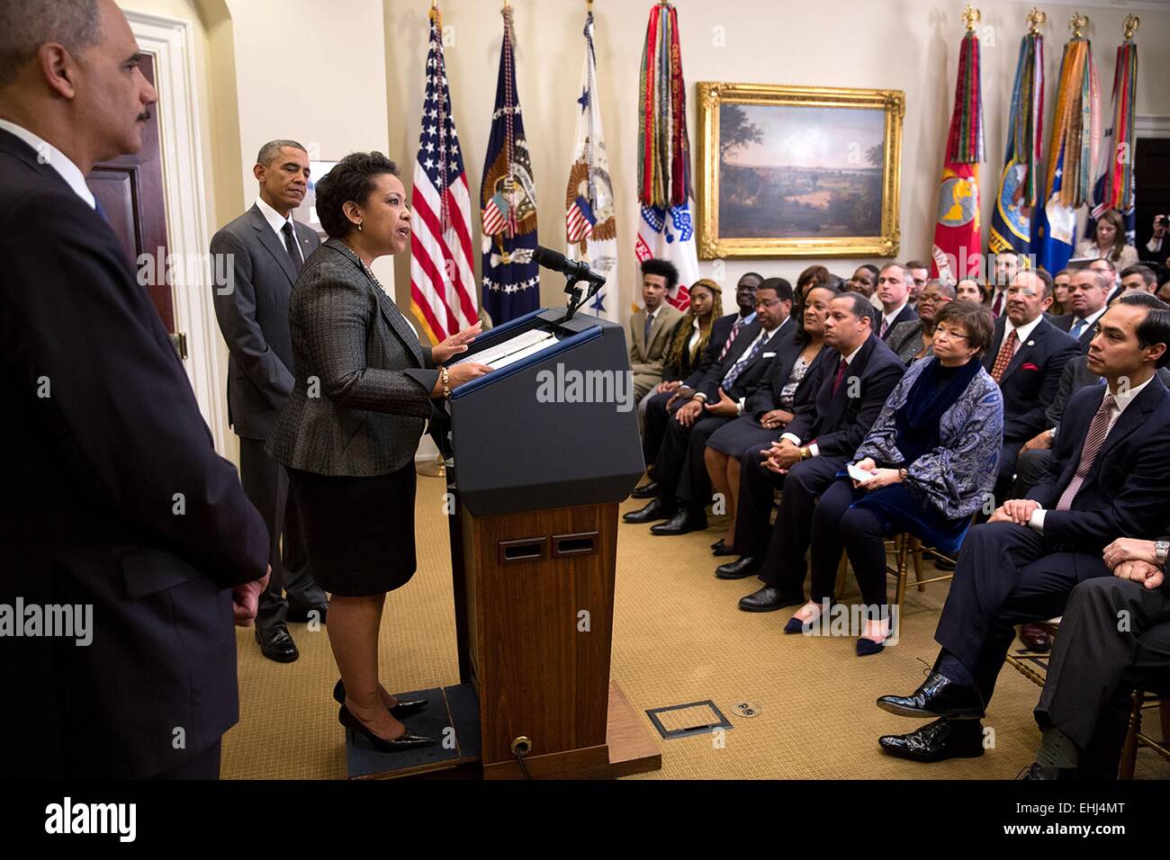 Loretta E. Lynch speaks after President Barack Obama announced that she is his nominee to succeed Attorney General Eric H. Holder, Jr., left, in the Roosevelt Room of the White House November 8, 2014 in Washington, DC. Stock Photo