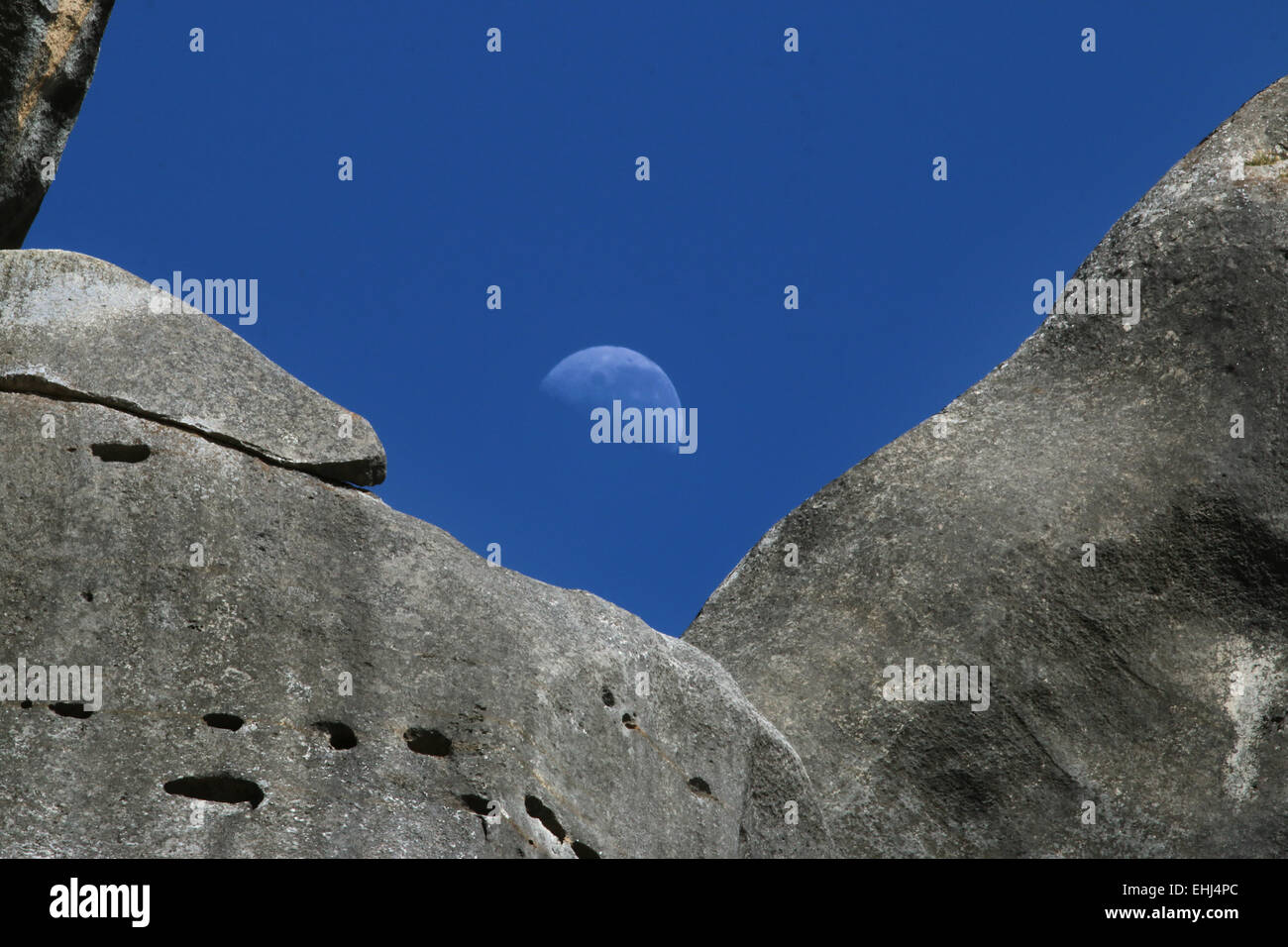 Moon over Castle Hill Conservation Area, New Zealand Stock Photo