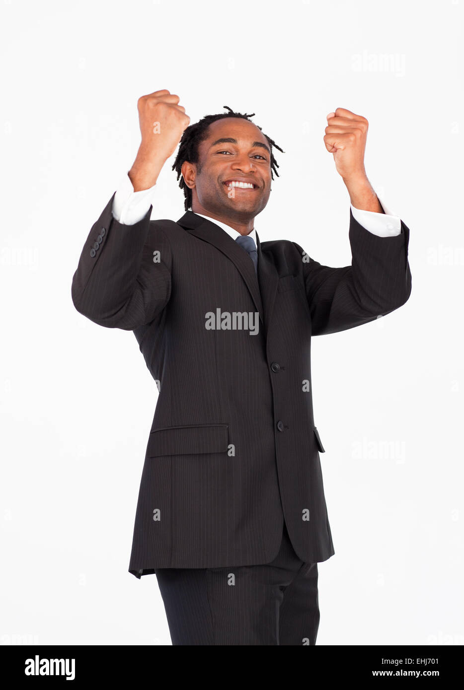Successful businessman with raised arms Stock Photo - Alamy
