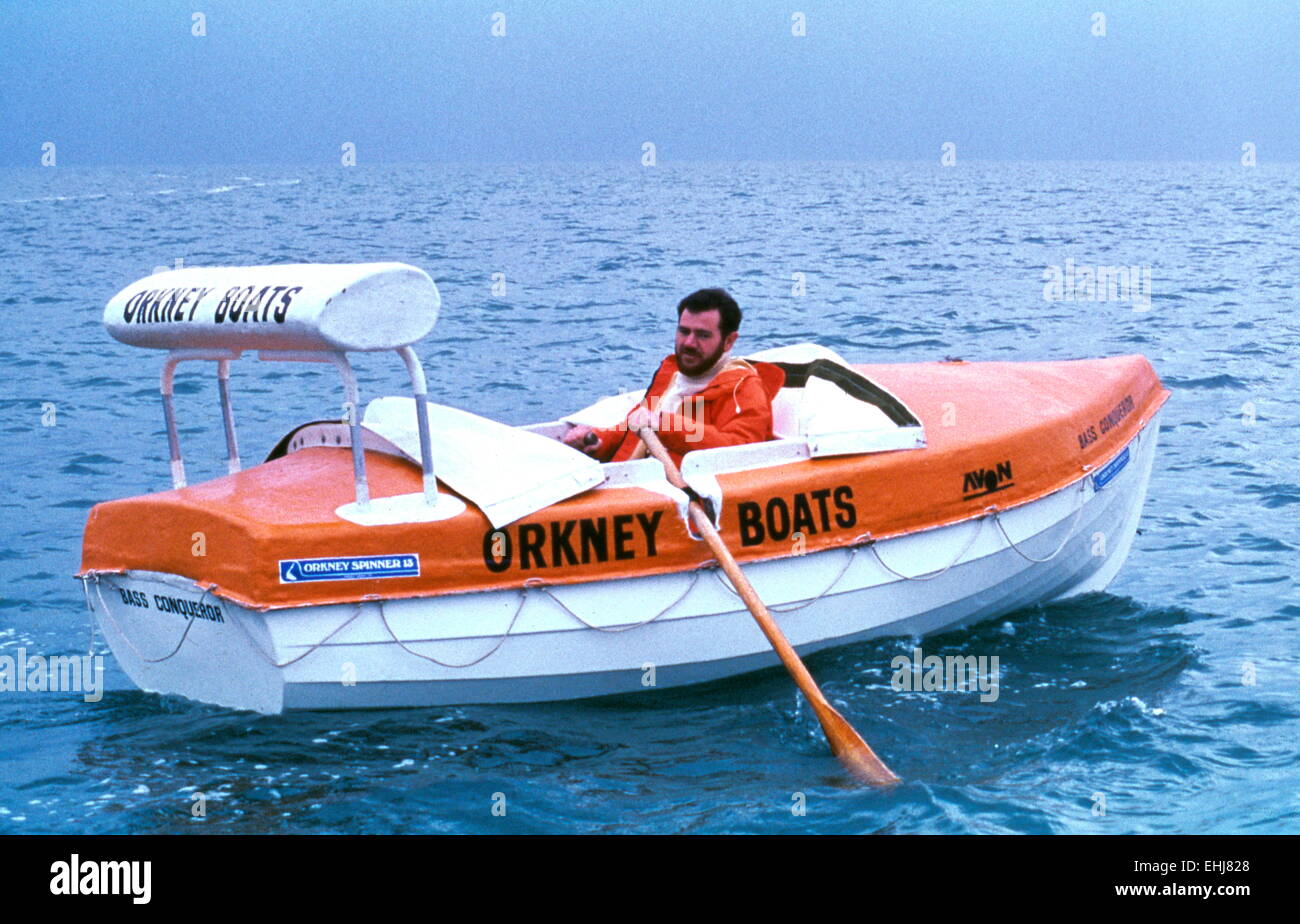 AJAXNETPHOTO. 1978. LITTLEHAMPTON, ENGLAND. - ATLANTIC ROWER TRIALS - 28 YEAR OLD EX R.N. PETTY OFFICER KENNETH KERR CONDUCTS SEA TRIALS IN HIS CUSTOMISED SELF RIGHTING ORKNEY SPINNER 13 'BASS CONQUEROR' AHEAD OF HIS ATTEMPT TO BECOME THE FIRST MAN TO ROW THE ATLANTIC IN THE SMALLEST BOAT.  EDITORS NOTE; AFTER A FALSE START, KERR SET OUT FROM NEWFOUNDLAND ON 21ST MAY 1980, HEADED FOR ENGLAND. HIS LAST RADIO MSG WAS RECEIVED ON AUGST 16TH 1980. HIS BOAT WAS WASHED ASHORE ON A SMALL ISLAND OFF THE NORWEGIAN COASTLINE NEAR SOLA ON 26TH JANUARY, 1981. THERE WAS NO SIGN OF THE ROWER.  PHOTO:JONATHA Stock Photo