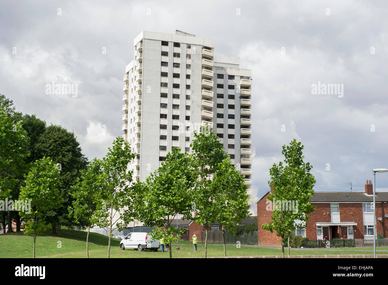 The demolition of an old block of flats at Orchard Park estate in