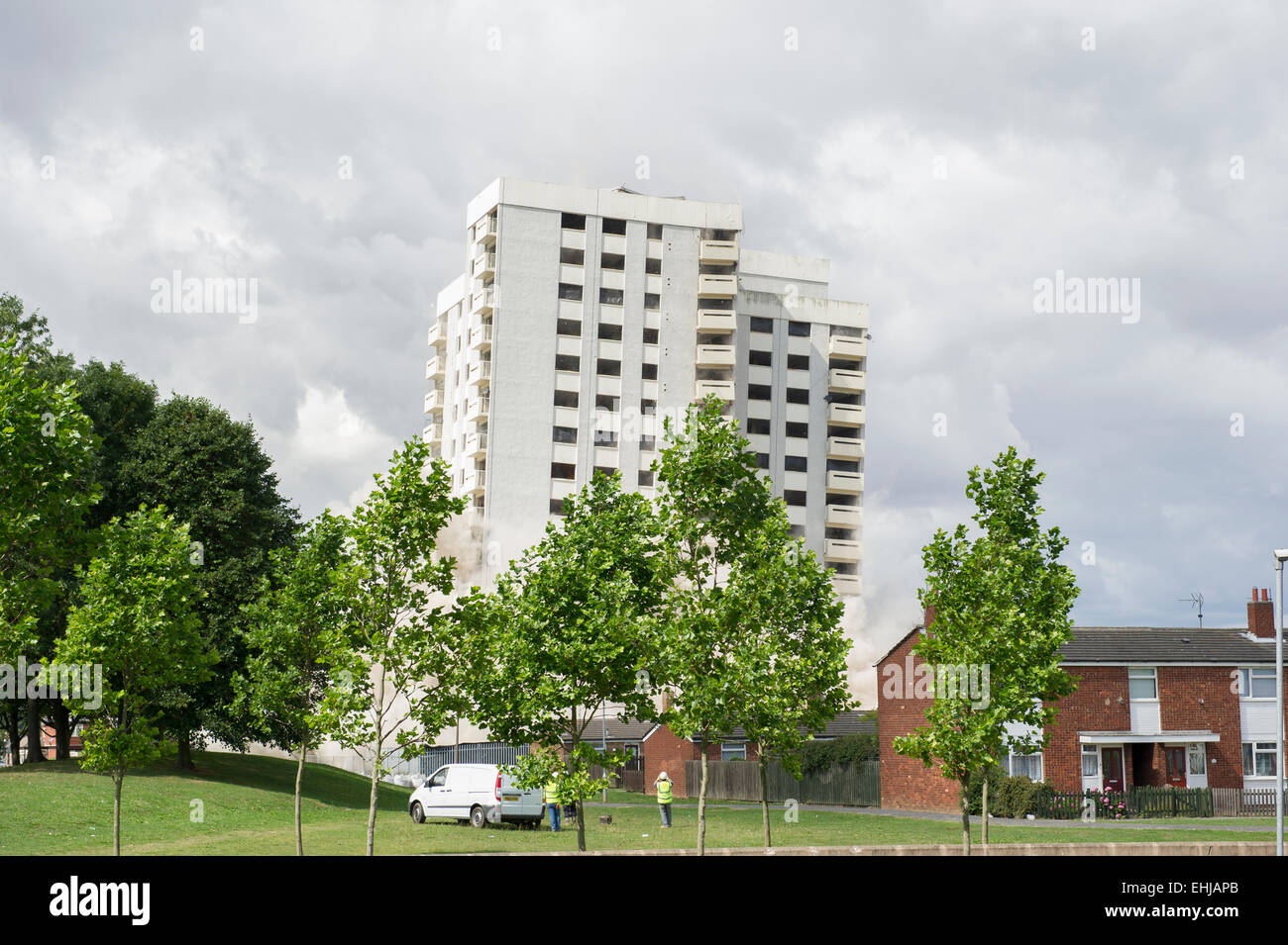 The demolition of an old block of flats at Orchard Park estate in