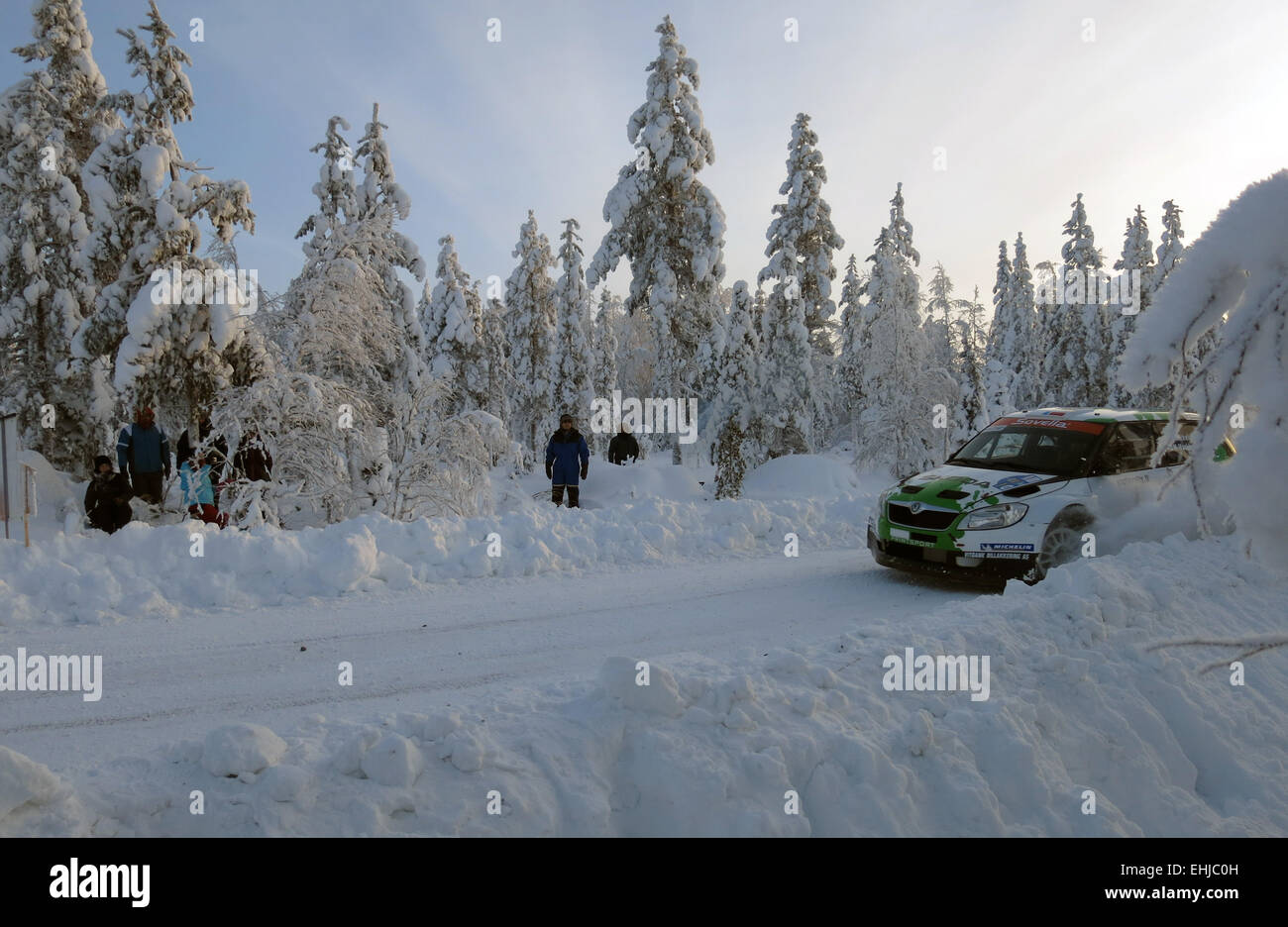 Arctic Rally, freezing cold conditions, temperature below 30 degrees, sun shine, blue light Stock Photo