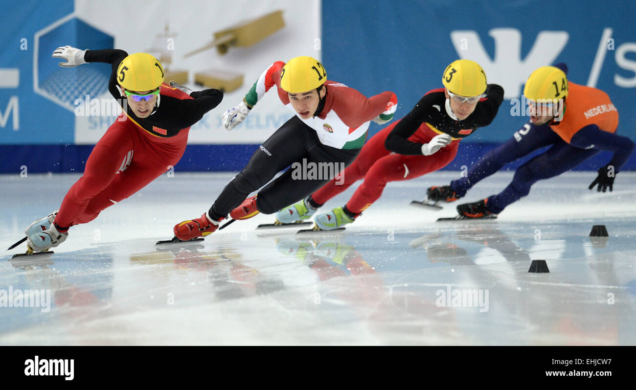 Moscow, Shaolin Sandor Liu of Hungary. 14th Mar, 2015. Wu Dajing of China, Shaolin Sandor Liu of Hungary, Han Tianyu of China and Sjinkie Knegt of Netherlands (L-R) skate during men's 500m final at ISU World Short Track Speed Skating Championships in Moscow Mar. 14, 2015. Credit:  Pavel Bednyakov/Xinhua/Alamy Live News Stock Photo