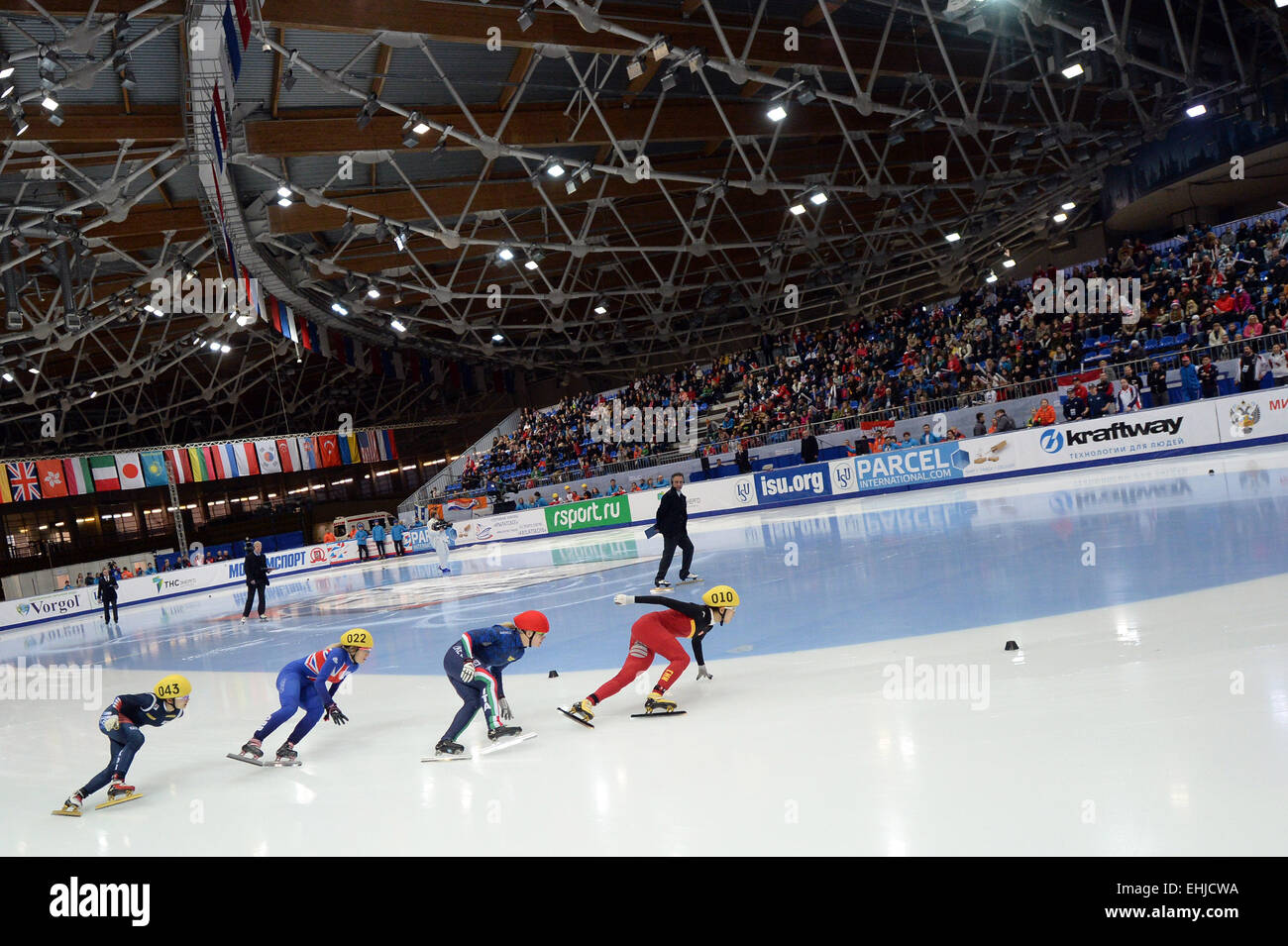 Moscow, Elise Christie of Great Britain. 14th Mar, 2015. Minjeong Choi of Korea, Elise Christie of Great Britain, Arianna Fontana of Italy and Fan Kexin of China (L-R) skate during ladies' 500m final at ISU World Short Track Speed Skating Championships in Moscow Mar. 14, 2015. Credit:  Pavel Bednyakov/Xinhua/Alamy Live News Stock Photo