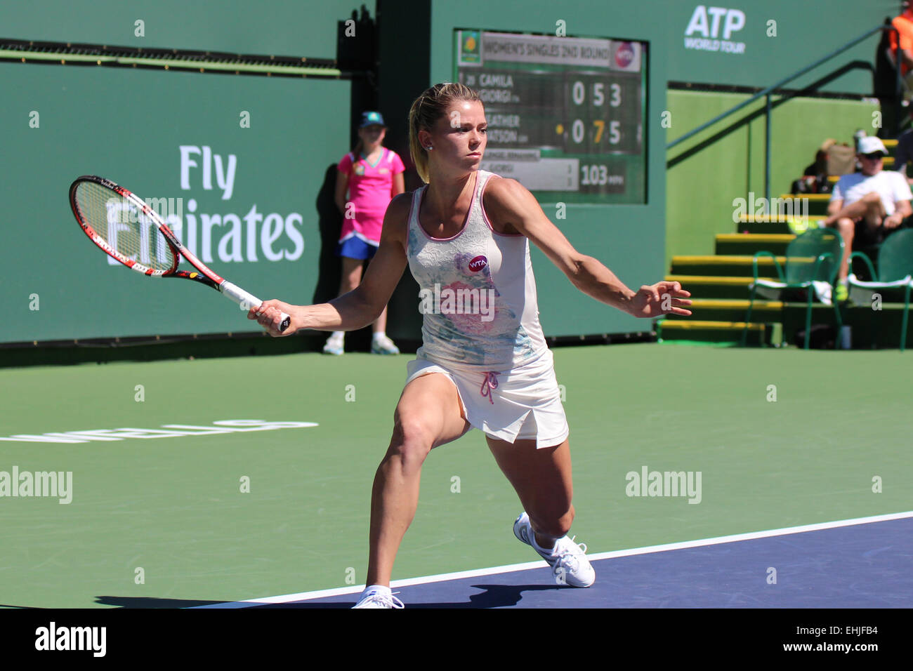 Indian Wells, California 13th March, 2015 British tennis player Heather Watson defeats Italian Camila Giorgi in the Women's Singles 2nd Round at the BNP Paribas Open (score 7-5 7-5). Photo: Camila Giorgi (Italy) Credit: Werner Fotos/Alamy Live News Stock Photo