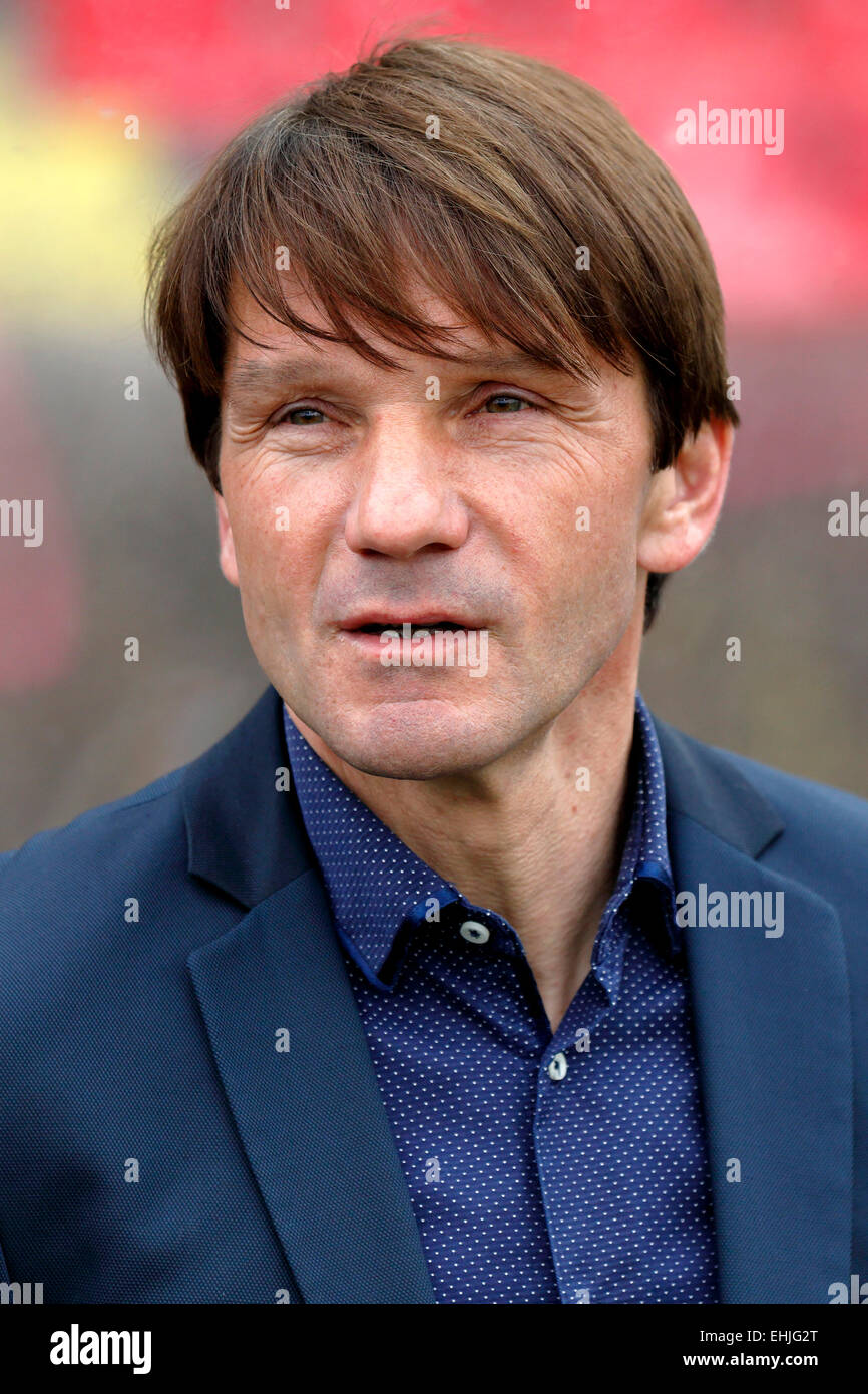 BUDAPEST, HUNGARY - MARCH 14, 2015: Head coach of Videoton, Joan Carrillo Milan during MTK vs. Videoton OTP Bank League football match in Bozsik Stadium. Stock Photo