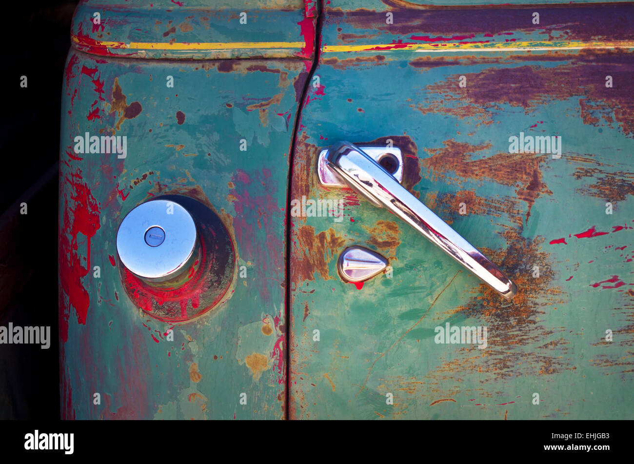 Close-up of door handle and gas cap on old Chevy 3600 truck. Stock Photo